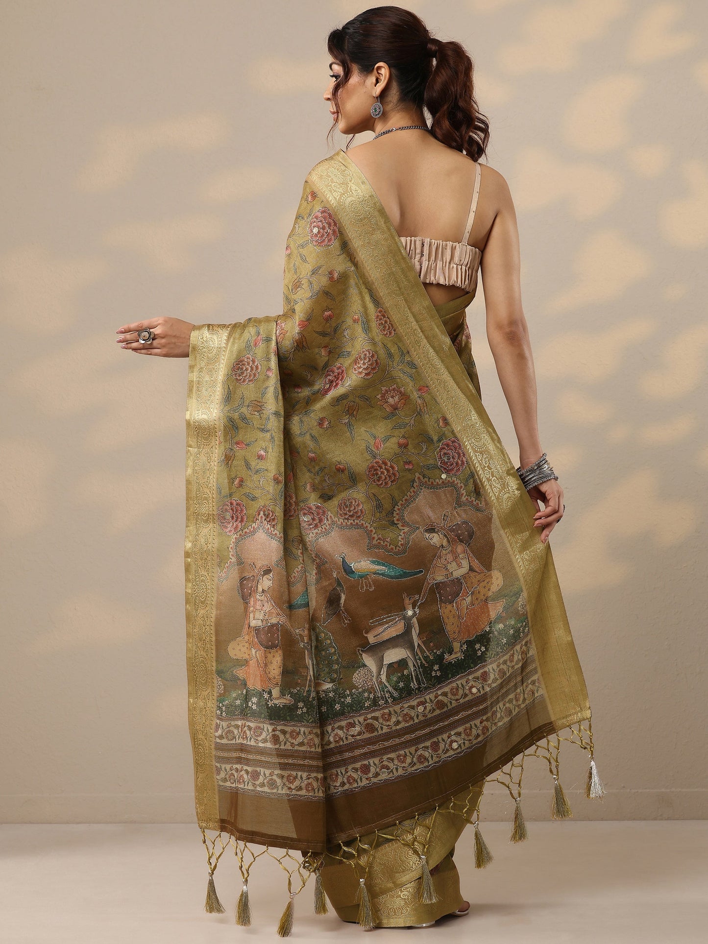 Green Printed Cotton Blend Sarees With Unstitched Blouse Piece