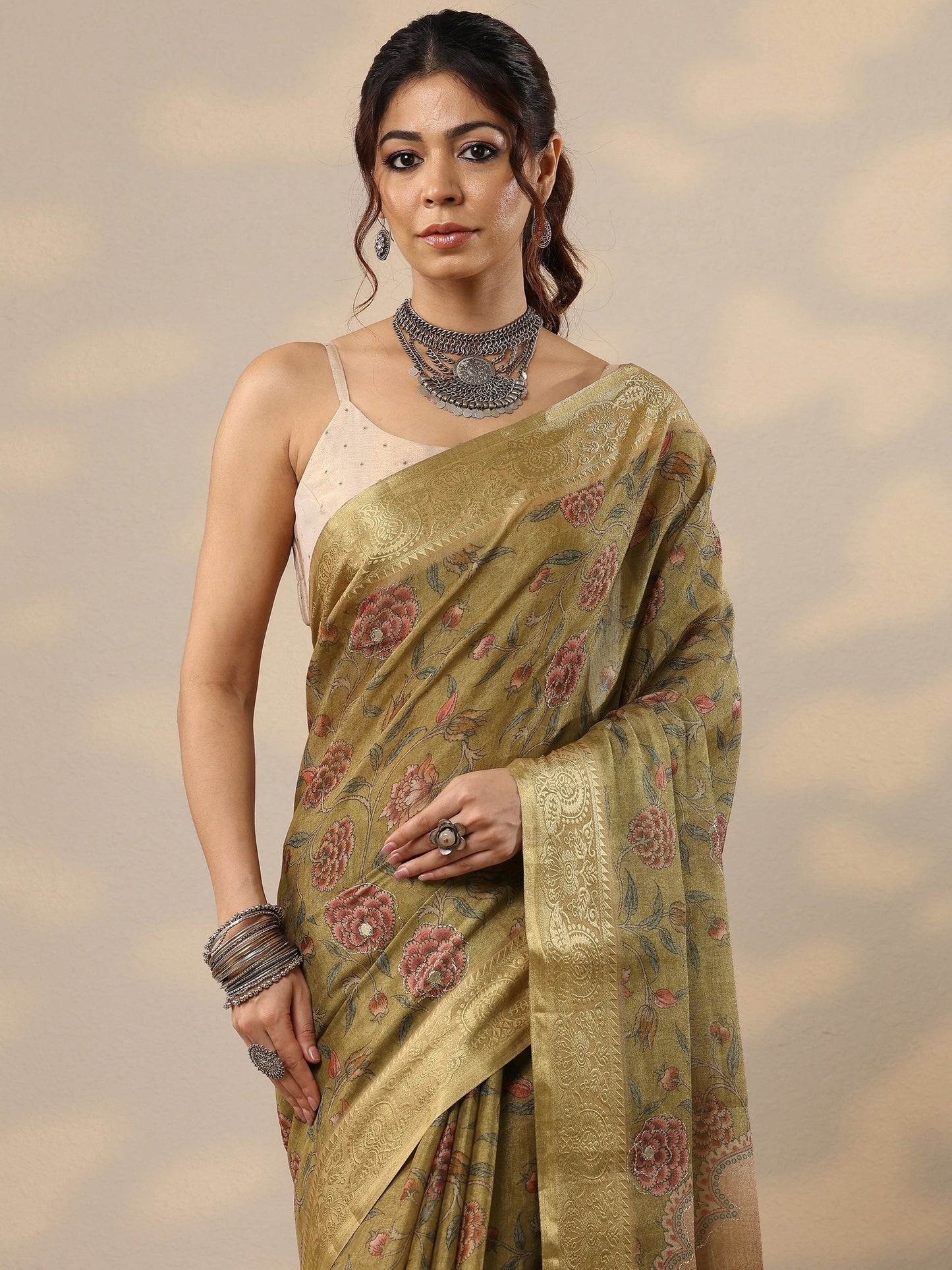 Green Printed Cotton Blend Sarees With Unstitched Blouse Piece