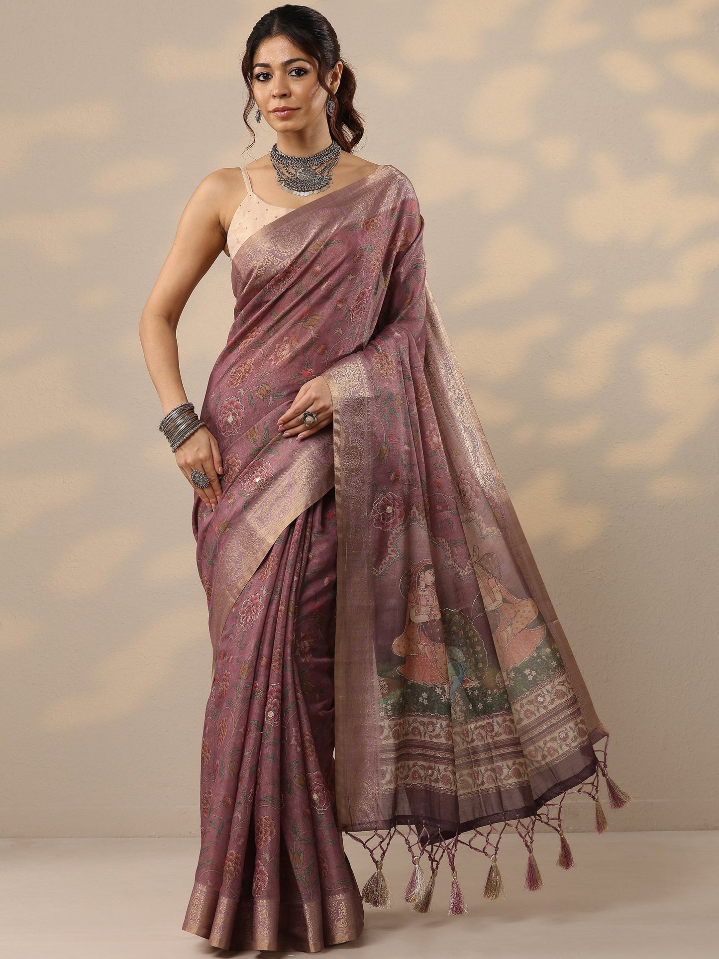 Lavender Printed Cotton Blend Sarees With Unstitched Blouse Piece