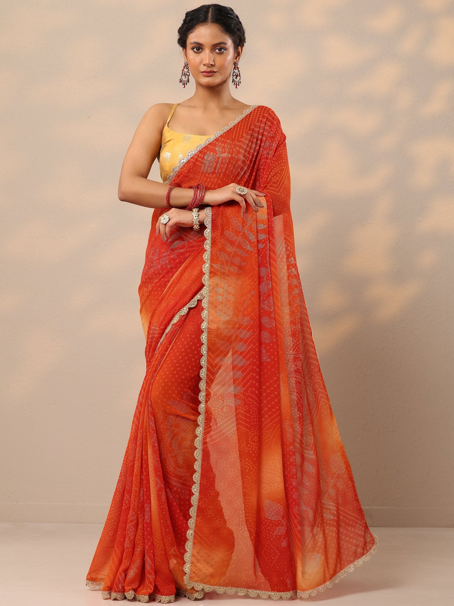Orange Bandhani Printed Georgette Saree With Unstitched Blouse Piece