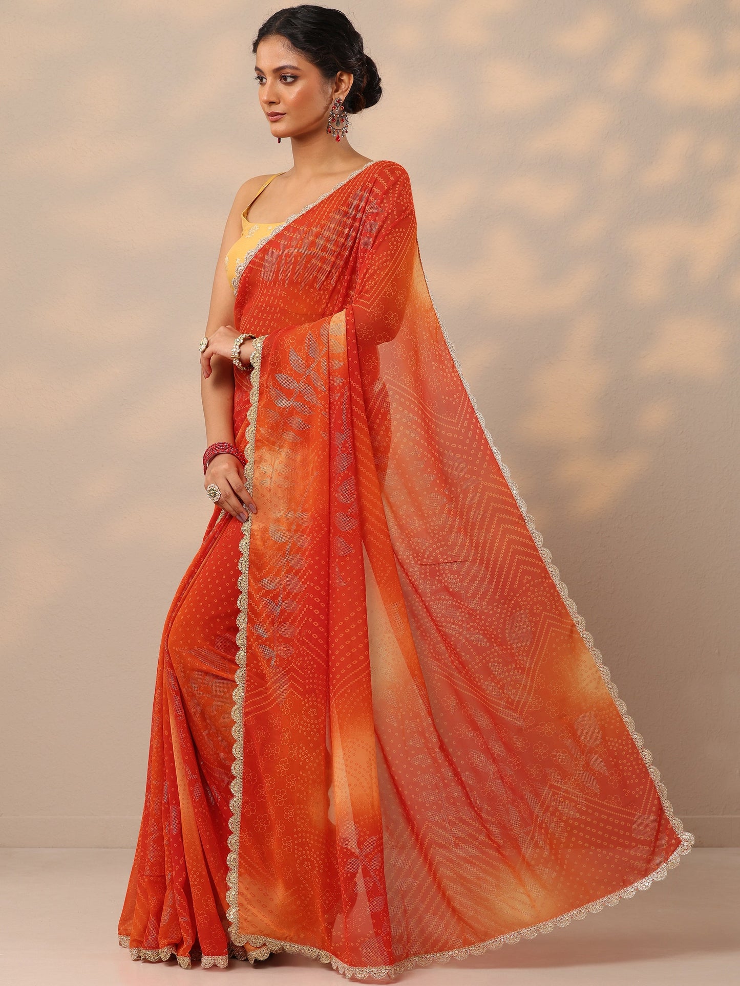 Orange Bandhani Printed Georgette Saree With Unstitched Blouse Piece