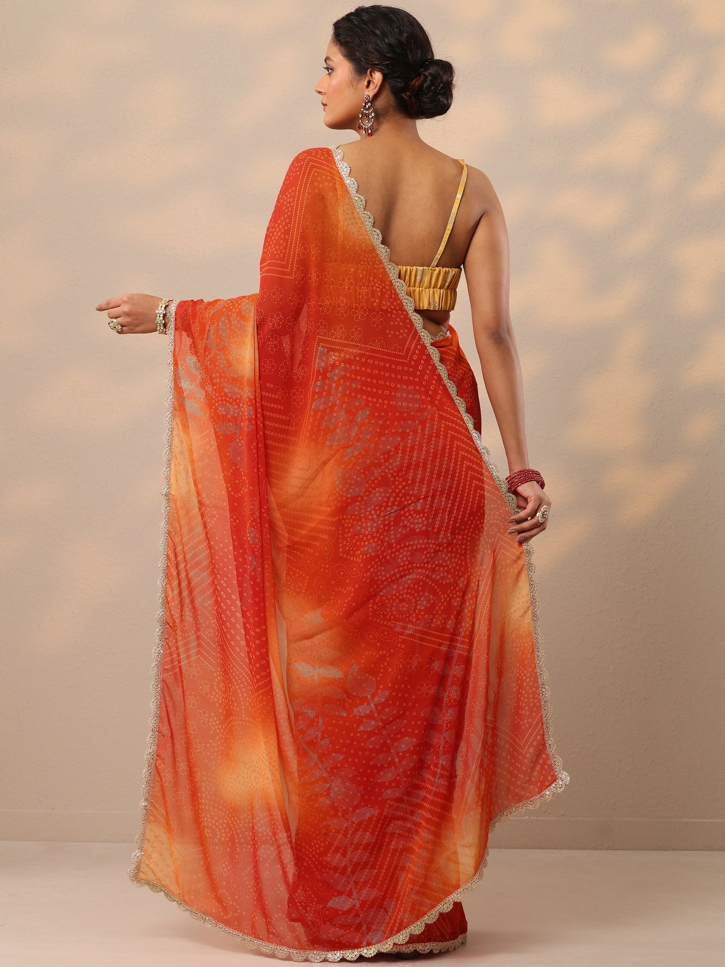 Orange Bandhani Printed Georgette Saree With Unstitched Blouse Piece
