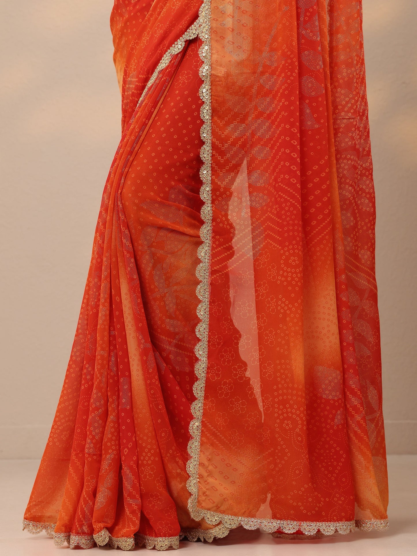 Orange Bandhani Printed Georgette Saree With Unstitched Blouse Piece