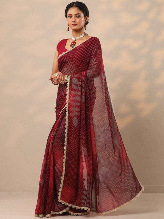 Maroon Bandhani Printed Georgette Saree With Unstitched Blouse Piece