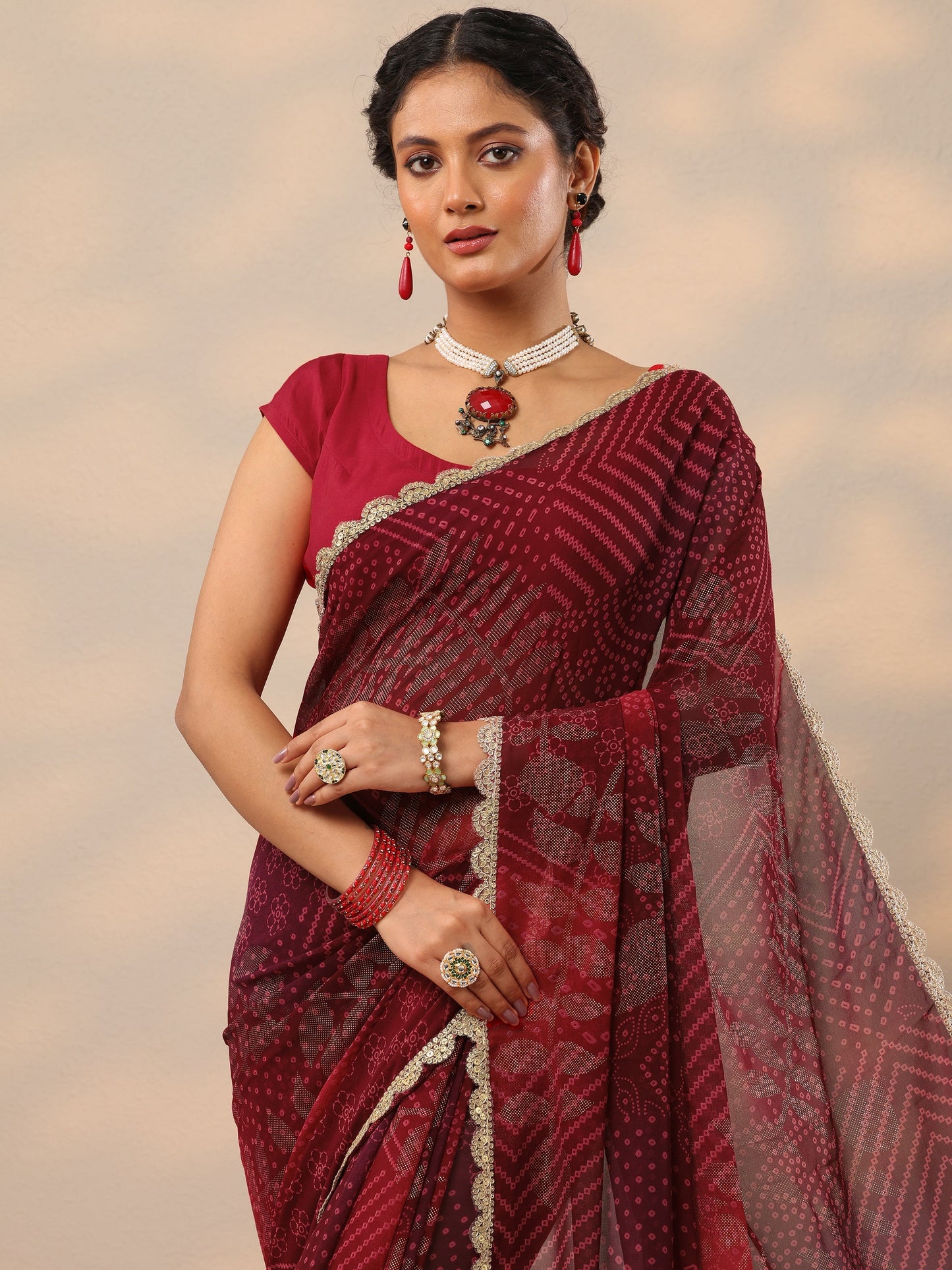 Maroon Bandhani Printed Georgette Saree With Unstitched Blouse Piece