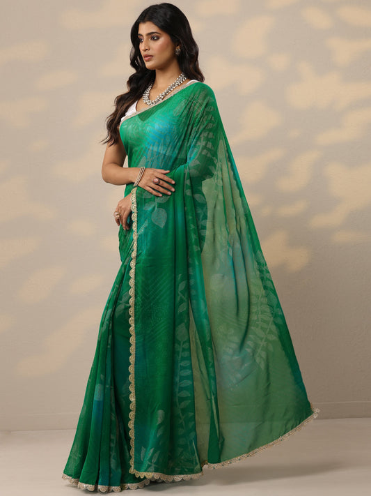 Green Bandhani Printed Georgette Sarees With Unstitched Blouse Piece