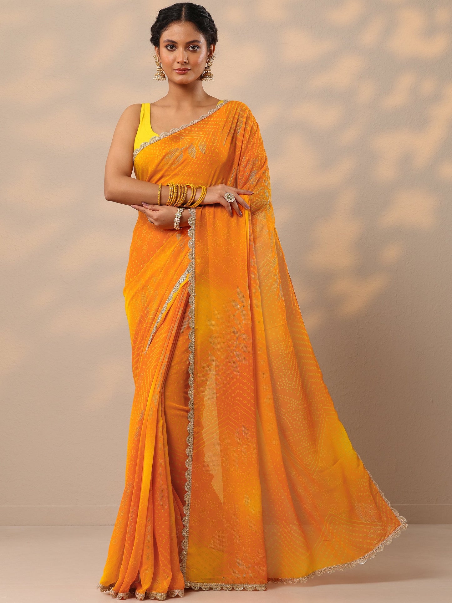 Orange Bandhani Printed Georgette Saree With Unstitched Blouse Piece