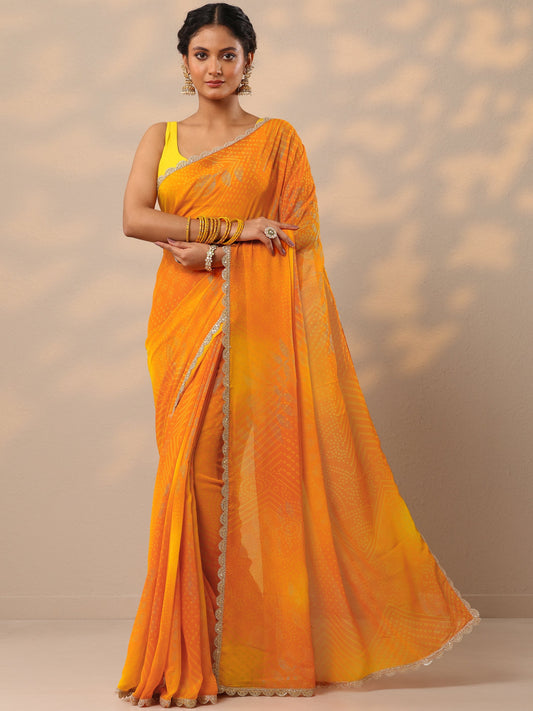Orange Bandhani Printed Georgette Saree With Unstitched Blouse Piece