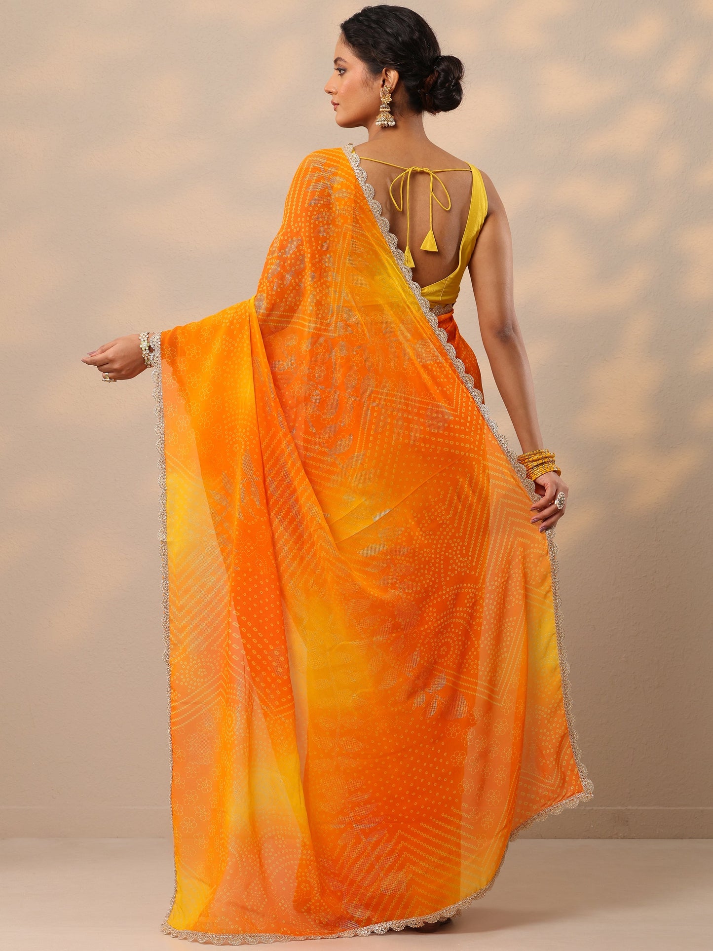 Orange Bandhani Printed Georgette Saree With Unstitched Blouse Piece