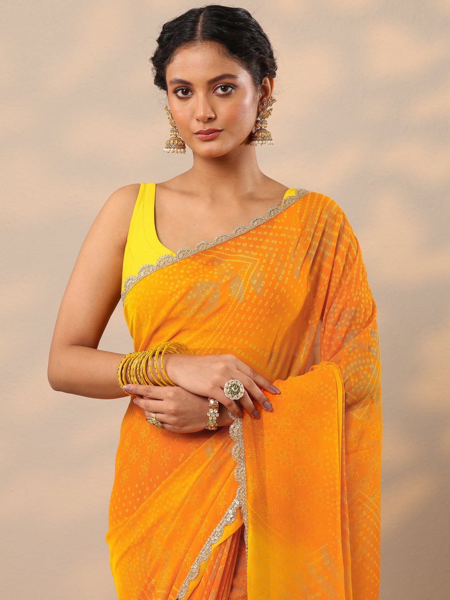 Orange Bandhani Printed Georgette Saree With Unstitched Blouse Piece