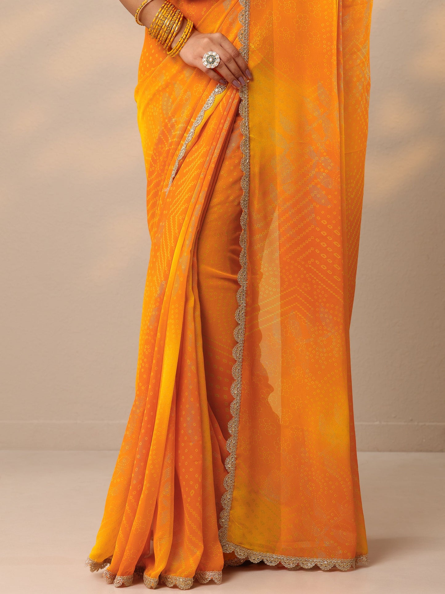 Orange Bandhani Printed Georgette Saree With Unstitched Blouse Piece