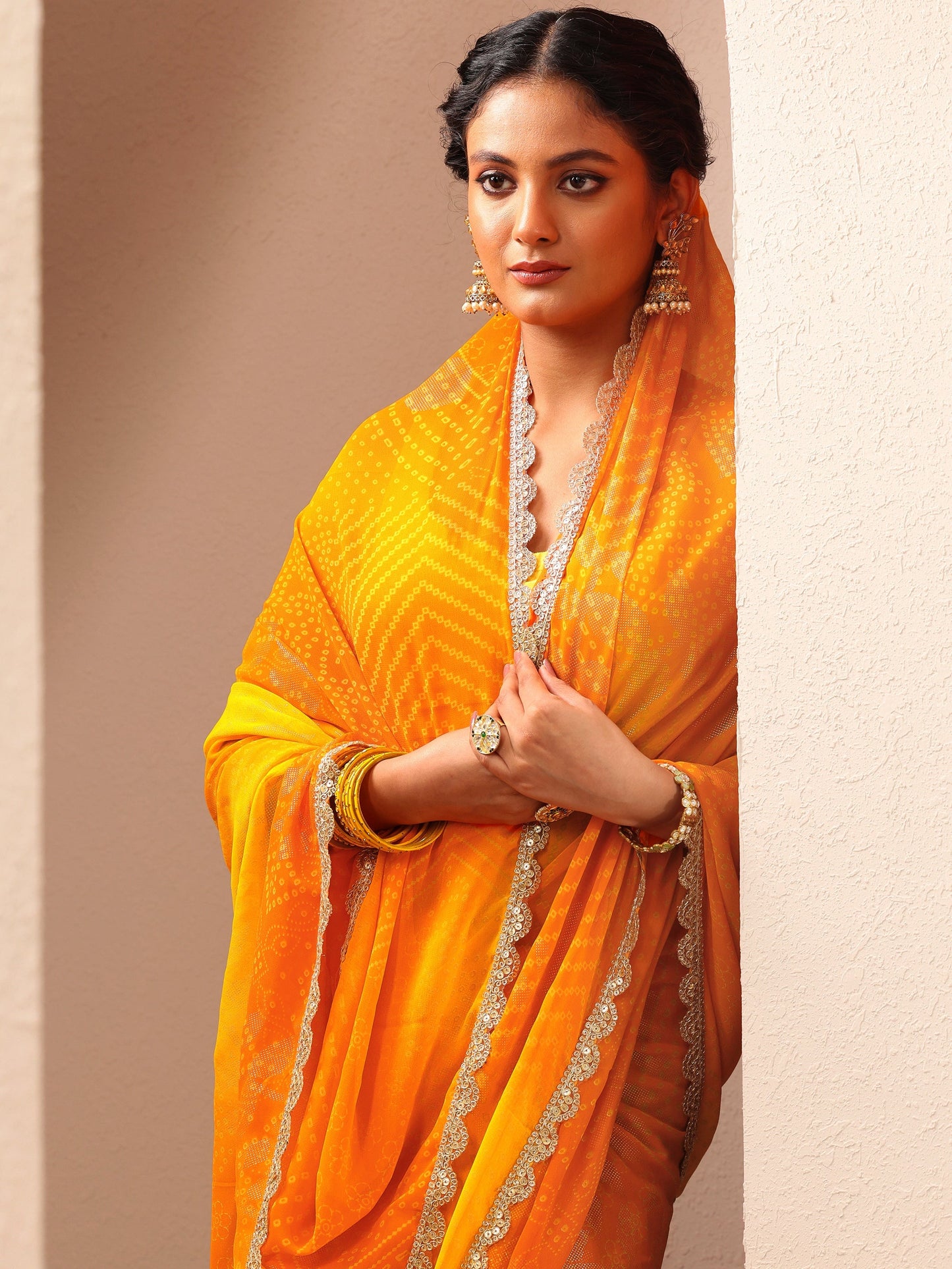 Orange Bandhani Printed Georgette Saree With Unstitched Blouse Piece