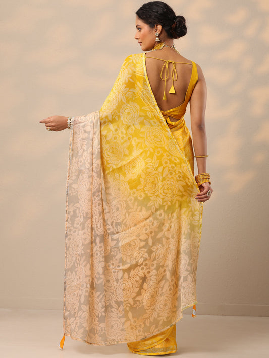 Yellow Printed Chinon Saree With Unstitched Blouse Piece