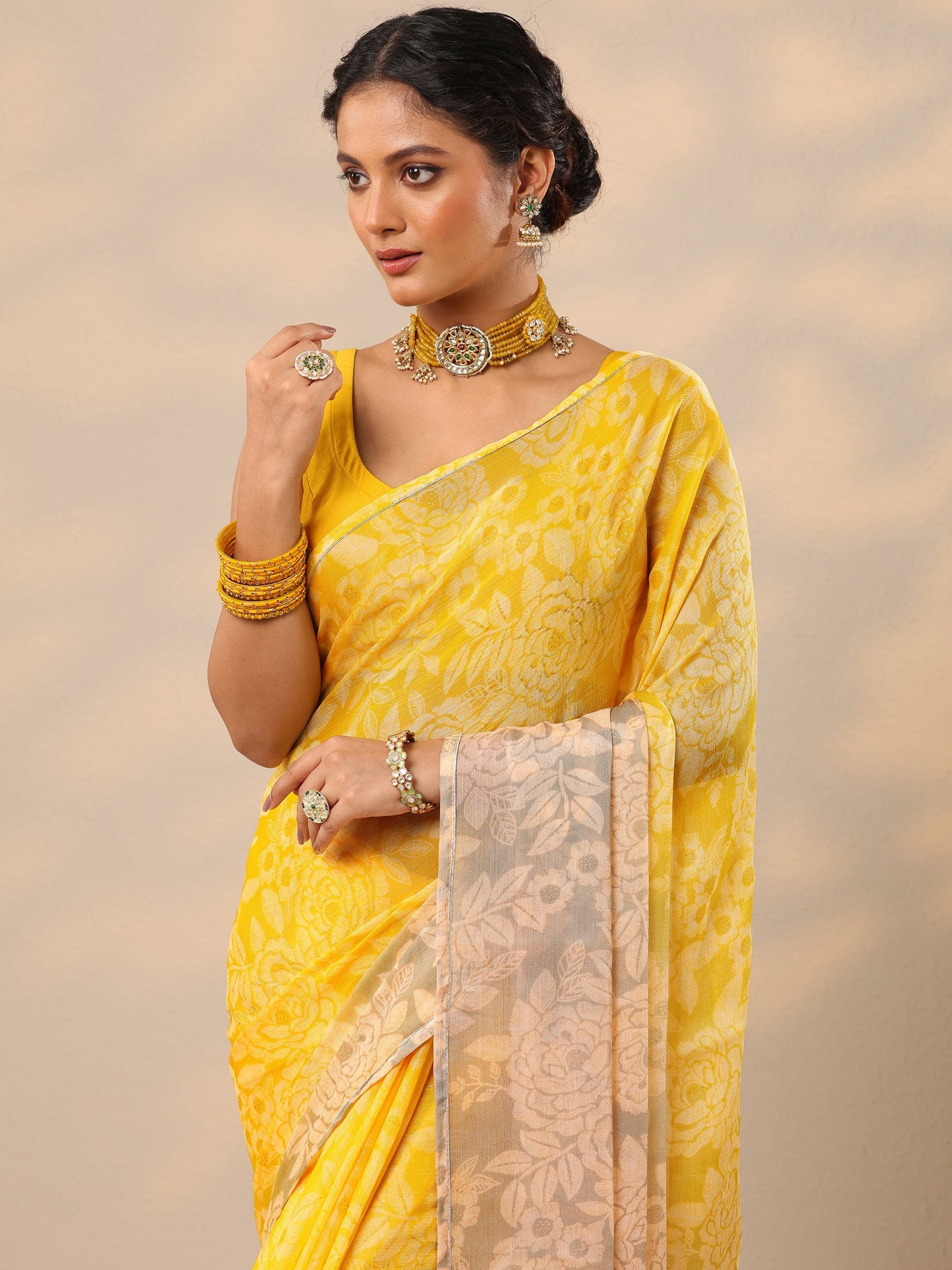 Yellow Printed Chinon Saree With Unstitched Blouse Piece
