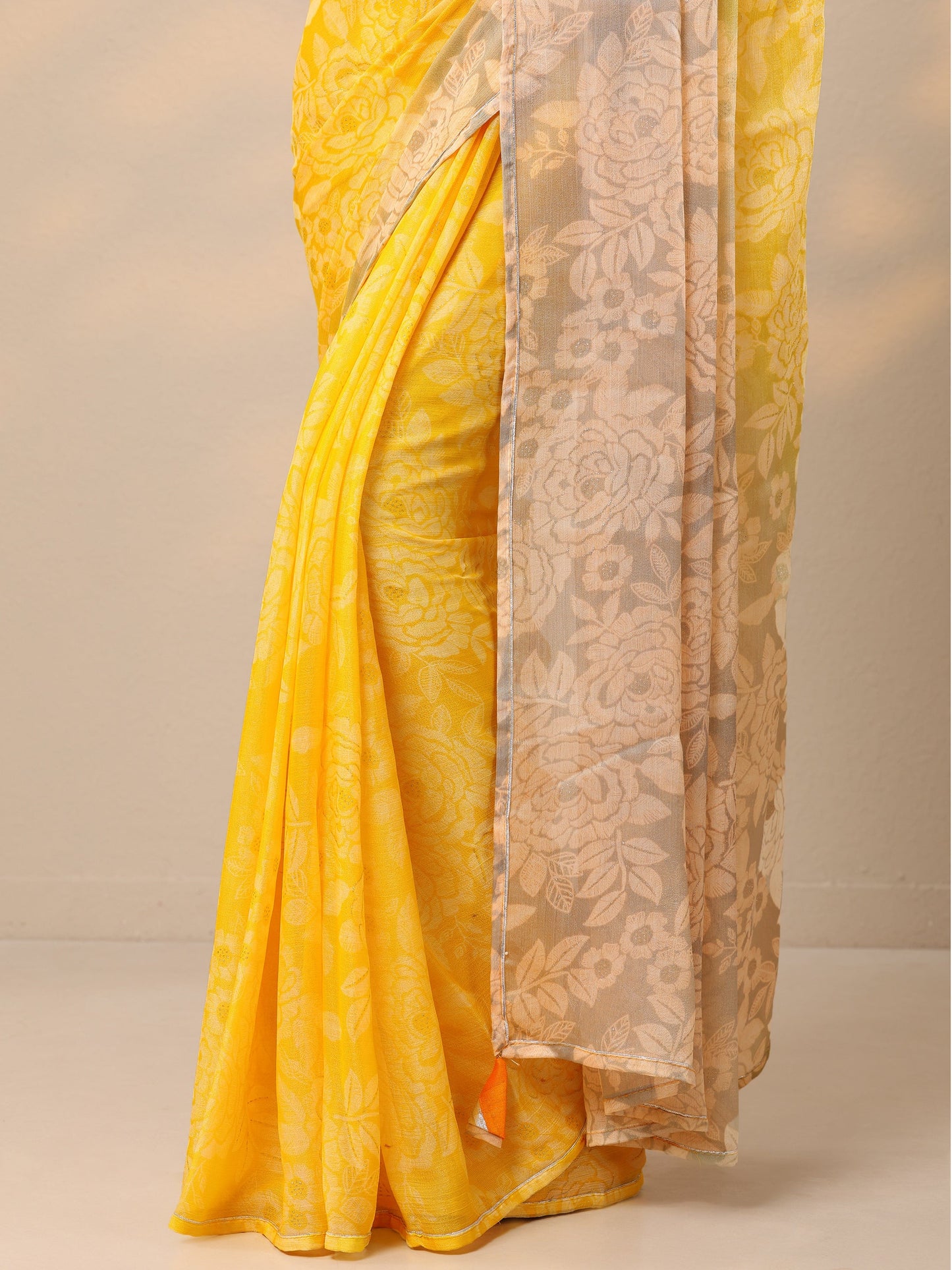 Yellow Printed Chinon Saree With Unstitched Blouse Piece