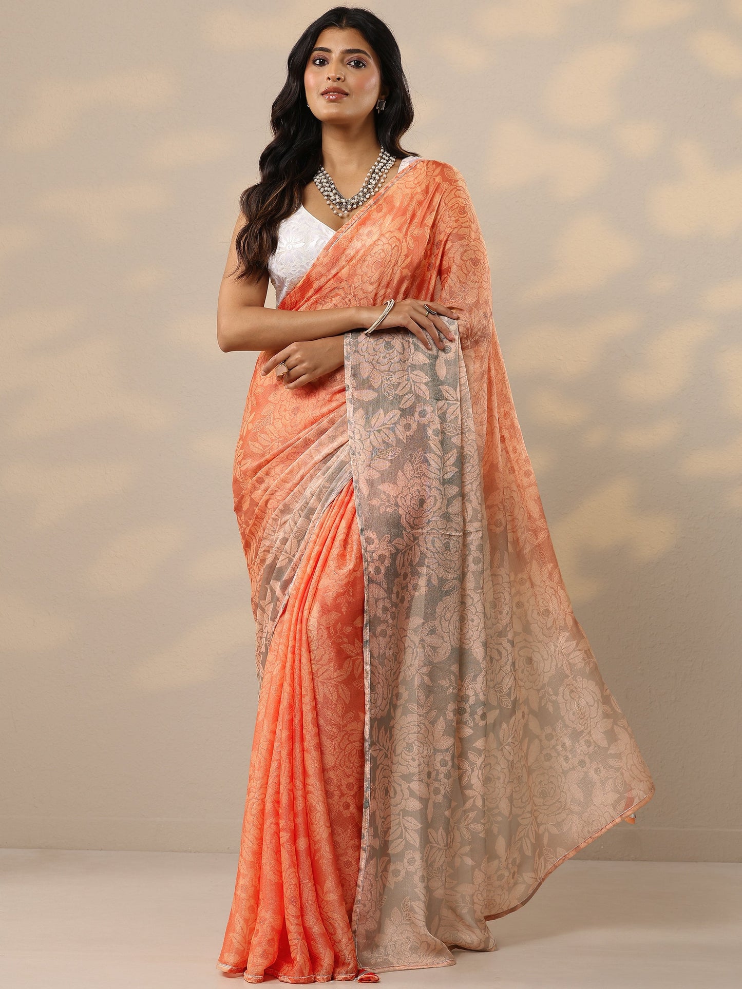 Orange Printed Silk Blend Sarees With Unstitched Blouse Piece