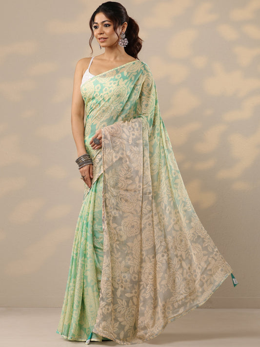Green Printed Silk Blend Sarees With Unstitched Blouse Piece