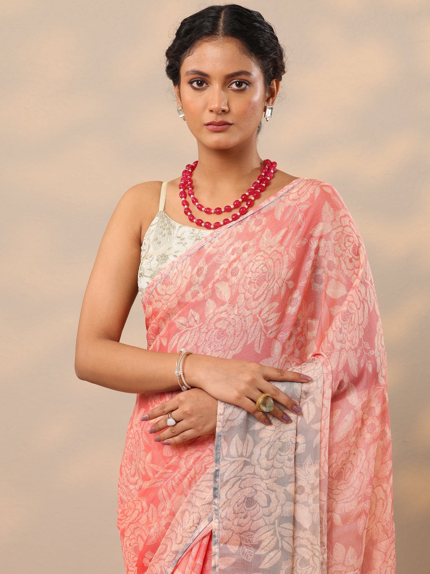 Peach Printed Chinon Saree With Unstitched Blouse Piece