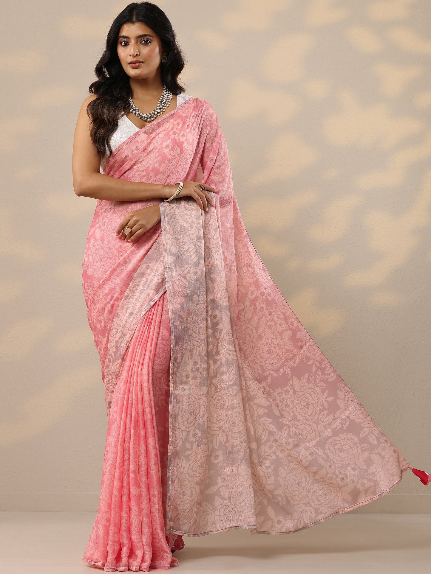 Pink Printed Silk Blend Sarees With Unstitched Blouse Piece