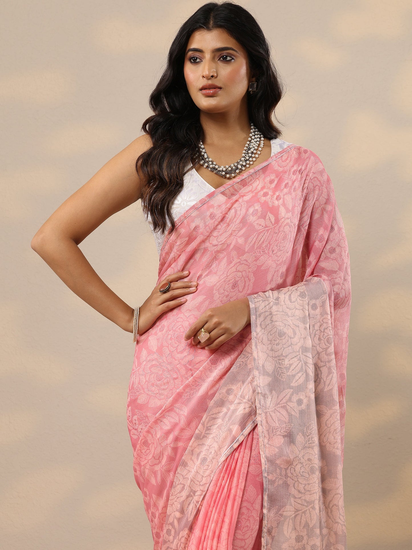 Pink Printed Silk Blend Sarees With Unstitched Blouse Piece