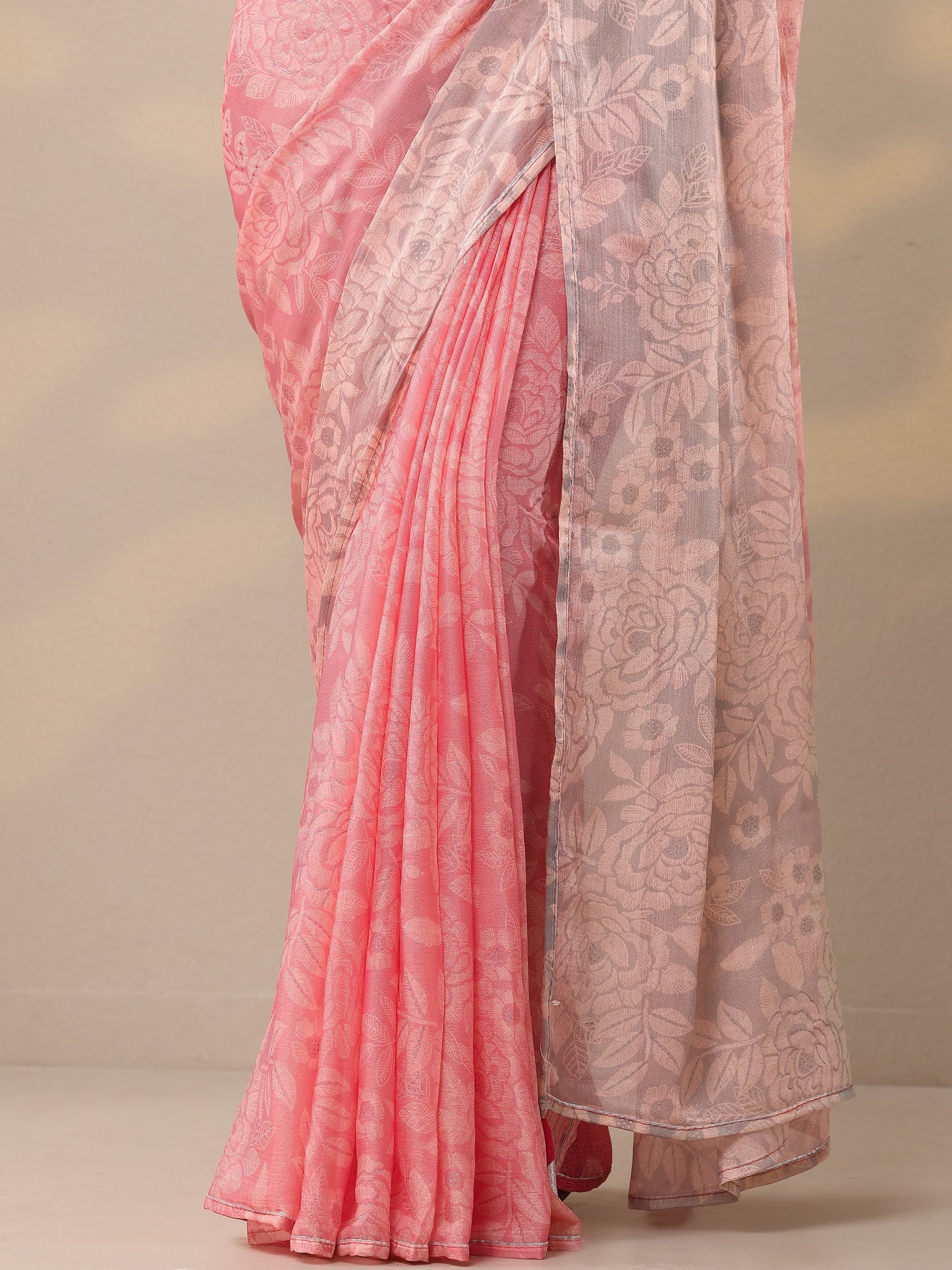 Pink Printed Silk Blend Sarees With Unstitched Blouse Piece