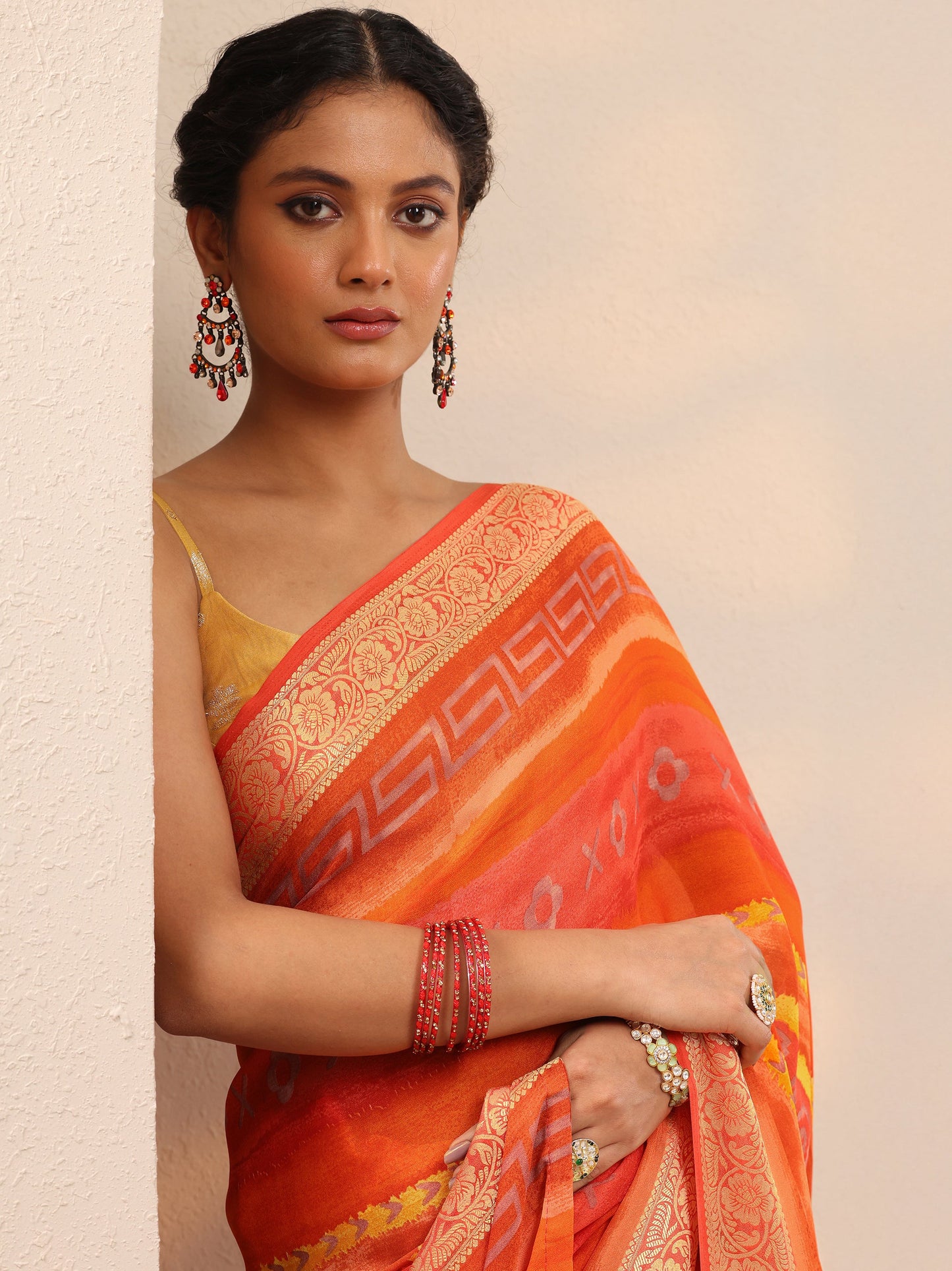 Orange Printed Georgette Saree With Unstitched Blouse Piece