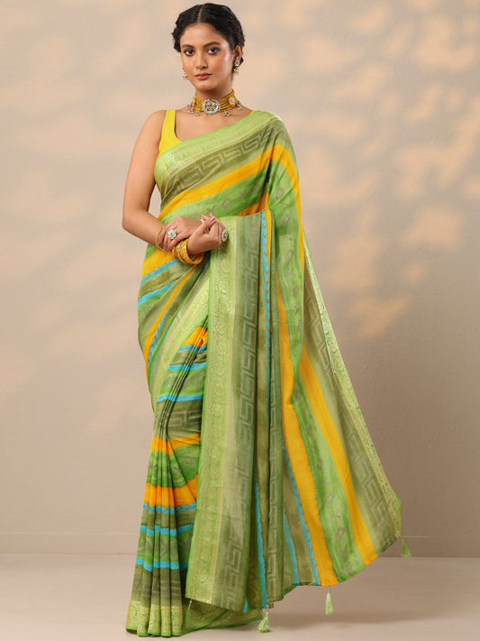 Green Printed Georgette Saree With Unstitched Blouse Piece