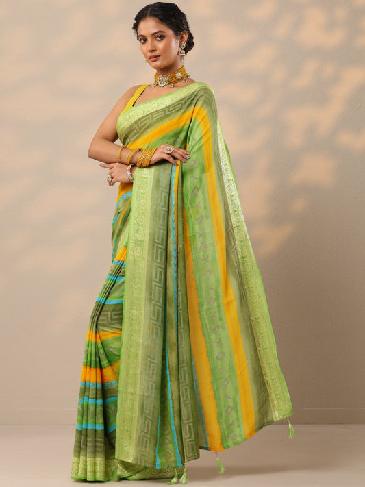 Green Printed Georgette Saree With Unstitched Blouse Piece