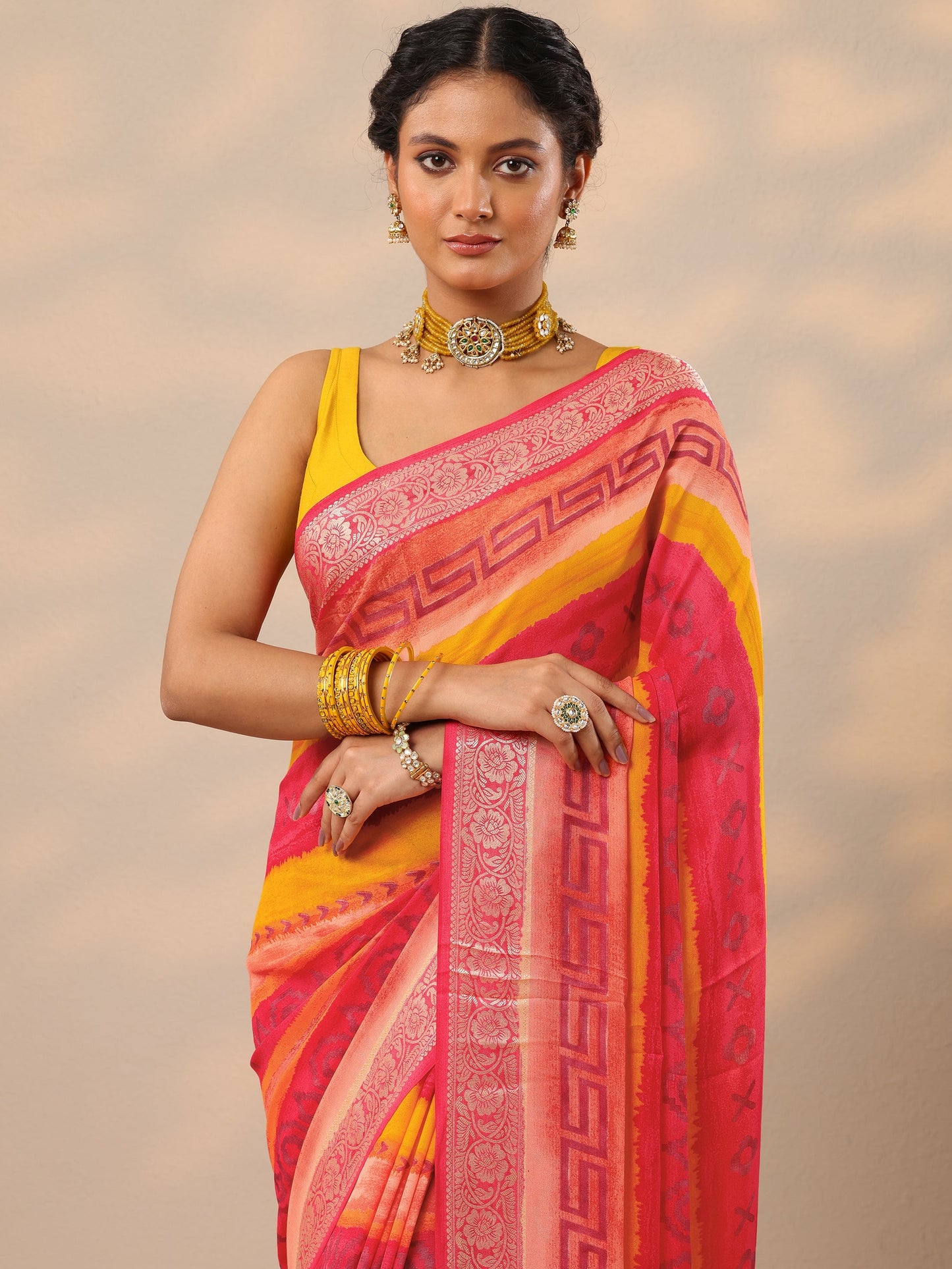 Multi Printed Georgette Saree With Unstitched Blouse Piece