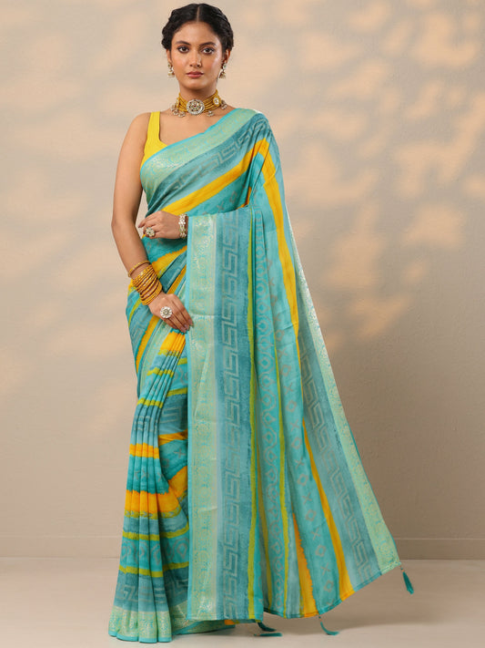 Blue Printed Georgette Saree With Unstitched Blouse Piece