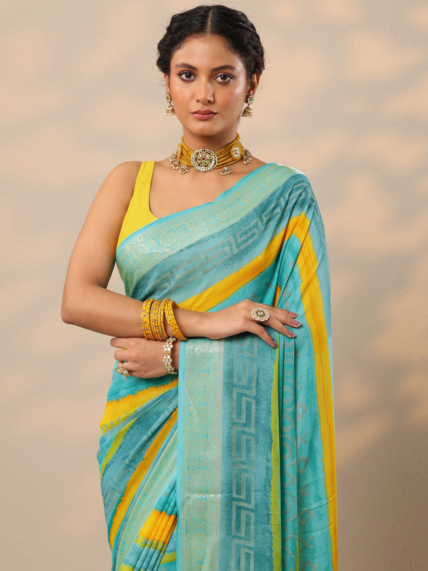 Blue Printed Georgette Saree With Unstitched Blouse Piece