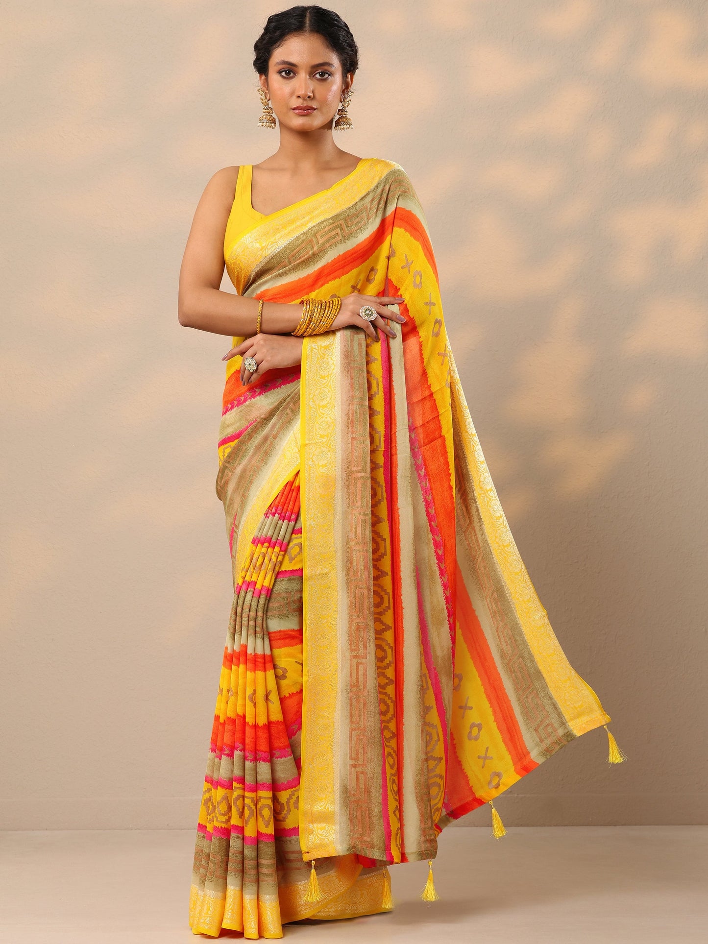 Multi Ikat Printed Georgette Saree With Unstitched Blouse Piece