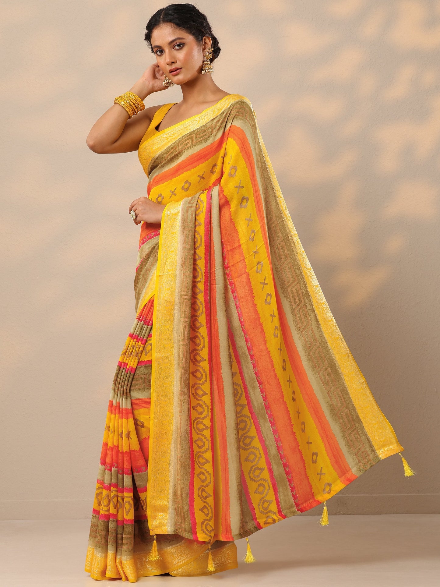 Multi Ikat Printed Georgette Saree With Unstitched Blouse Piece