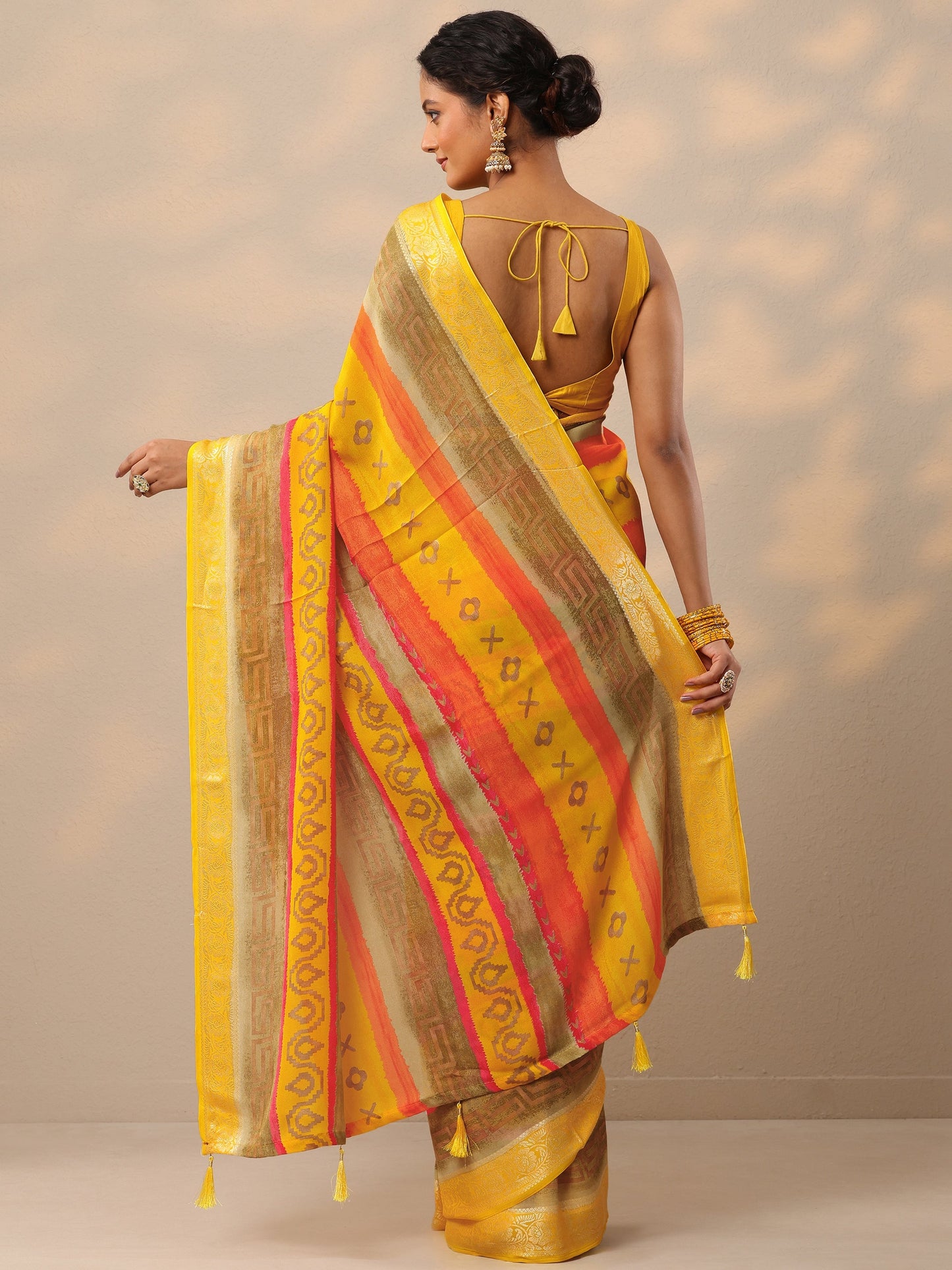 Multi Ikat Printed Georgette Saree With Unstitched Blouse Piece