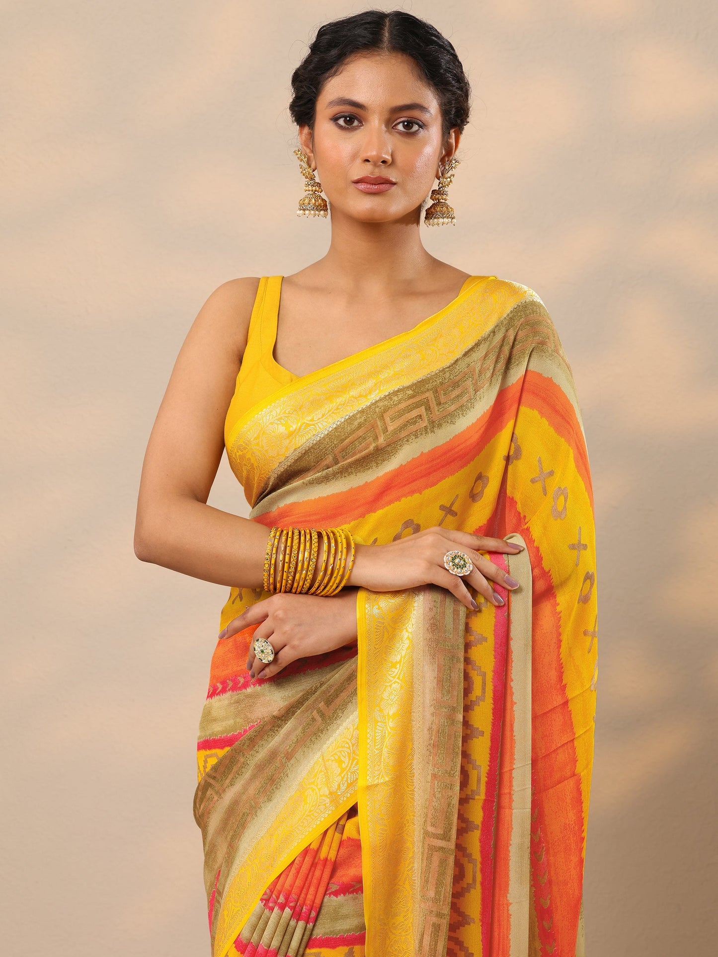 Multi Ikat Printed Georgette Saree With Unstitched Blouse Piece