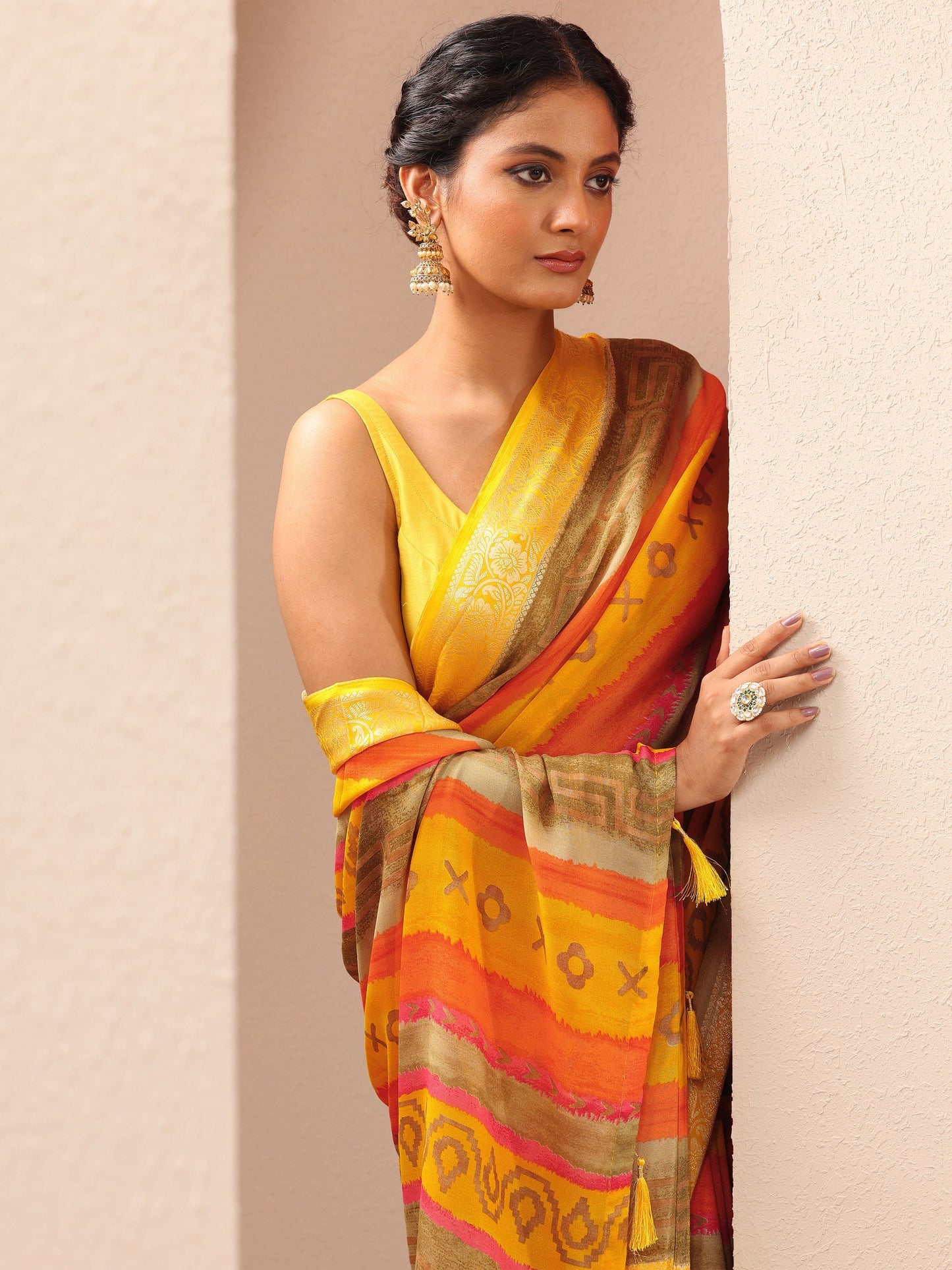 Multi Ikat Printed Georgette Saree With Unstitched Blouse Piece