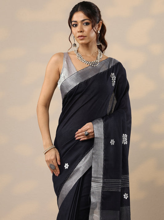 Navy Blue Embroidered Cotton Blend Sarees With Unstitched Blouse Piece