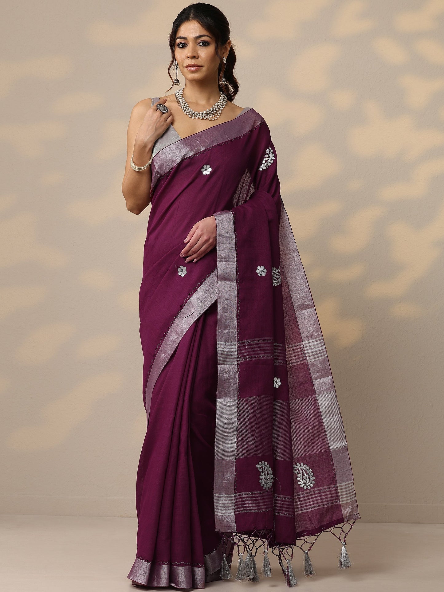 Burgundy Embroidered Cotton Blend Sarees With Unstitched Blouse Piece
