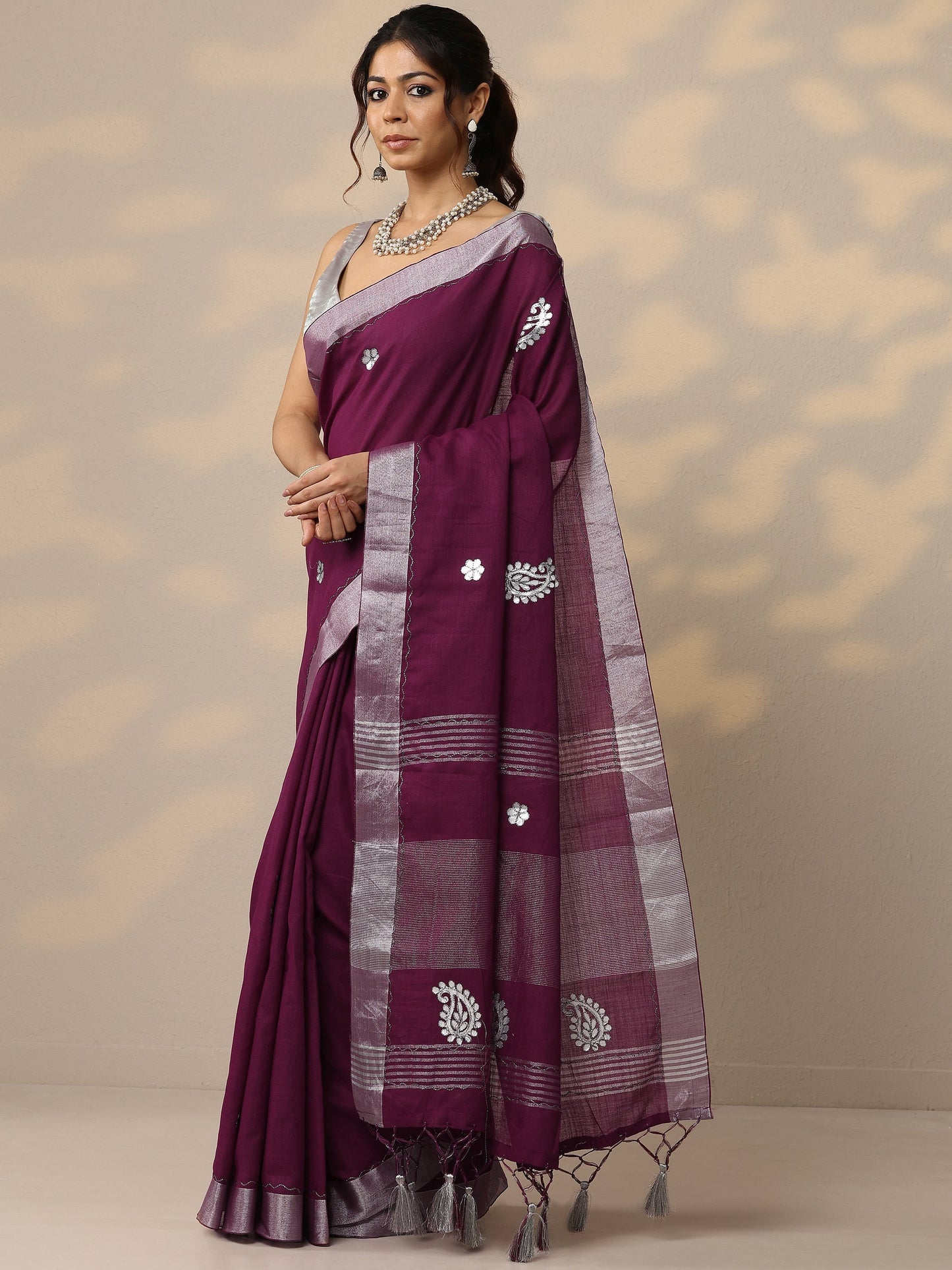 Burgundy Embroidered Cotton Blend Sarees With Unstitched Blouse Piece