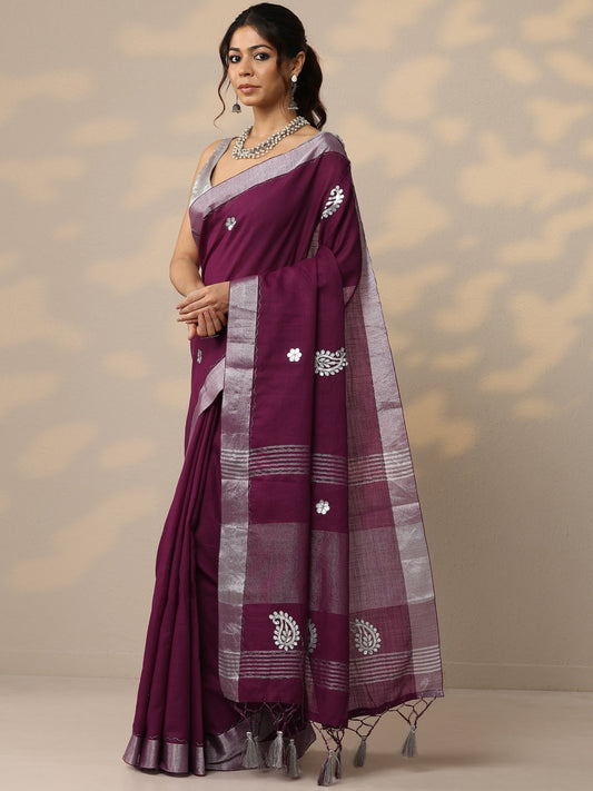 Burgundy Embroidered Cotton Blend Sarees With Unstitched Blouse Piece