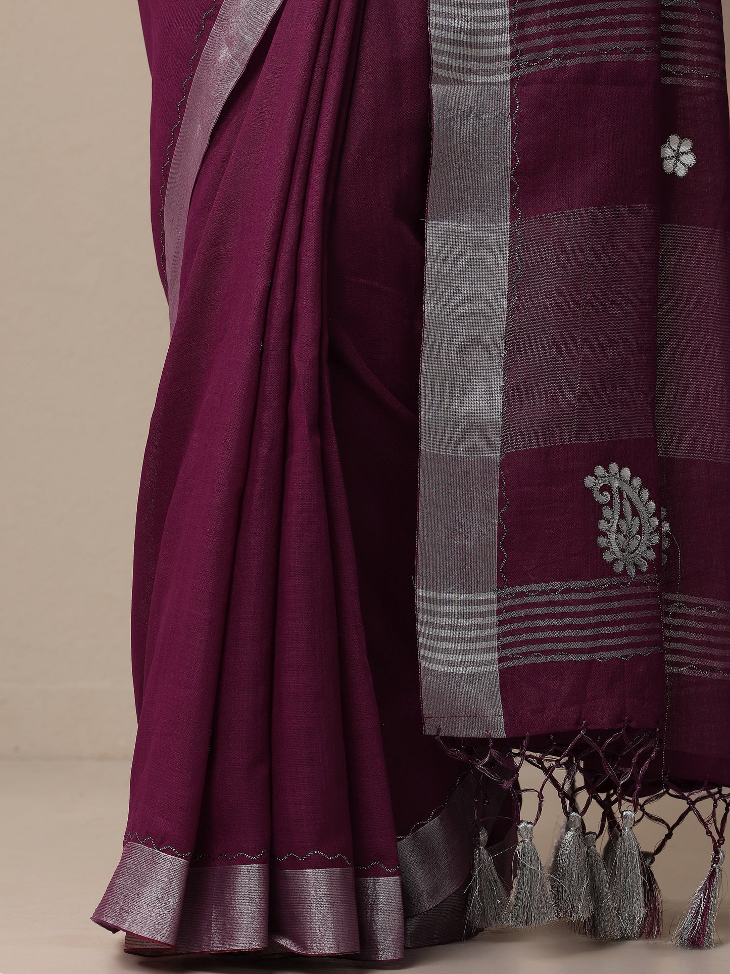 Burgundy Embroidered Cotton Blend Sarees With Unstitched Blouse Piece