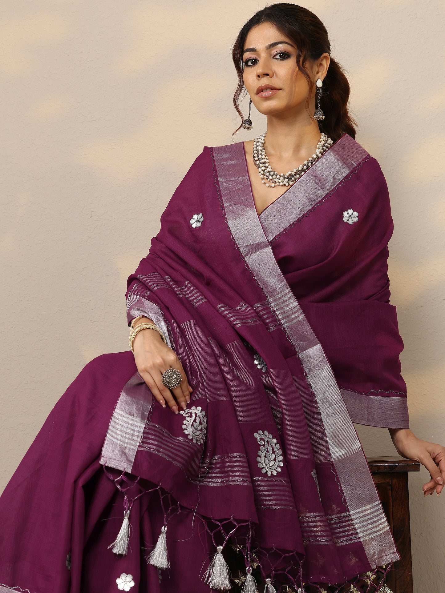 Burgundy Embroidered Cotton Blend Sarees With Unstitched Blouse Piece