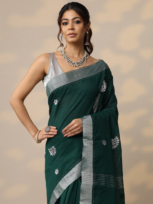 Green Embroidered Cotton Blend Sarees With Unstitched Blouse Piece