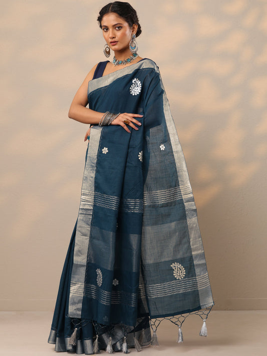 Blue Embroidered Cotton Blend Saree With Unstitched Blouse Piece