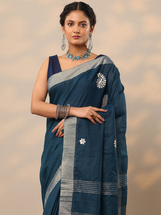 Blue Embroidered Cotton Blend Saree With Unstitched Blouse Piece