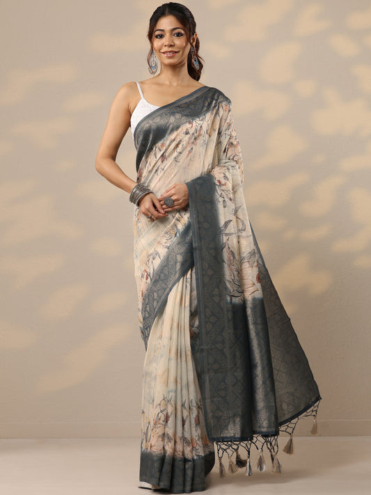 Blue Printed Cotton Blend Sarees With Unstitched Blouse Piece