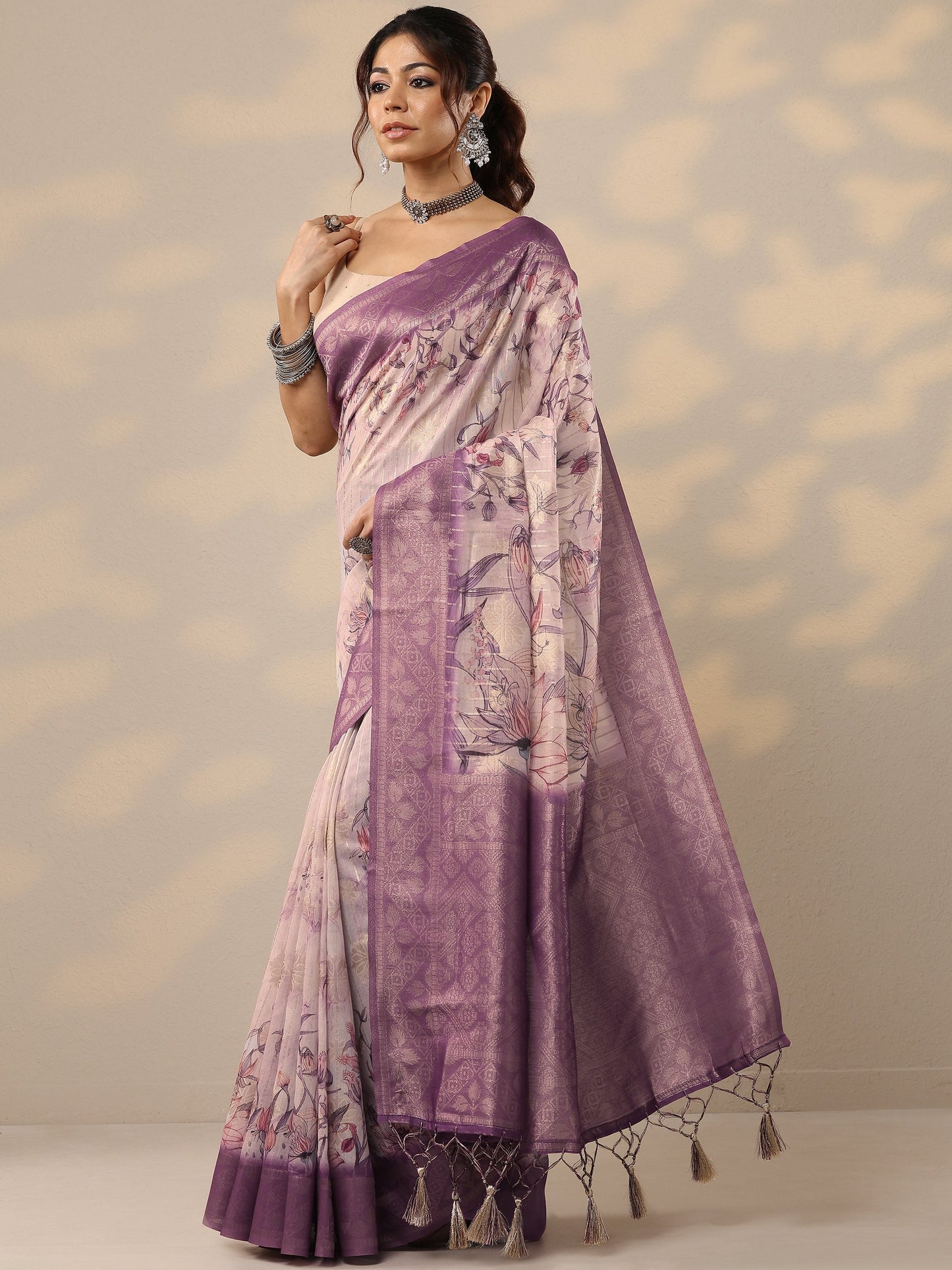 Purple Printed Cotton Blend Sarees With Unstitched Blouse Piece