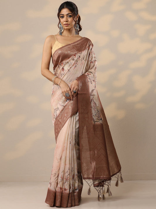 Brown Printed Cotton Blend Sarees With Unstitched Blouse Piece