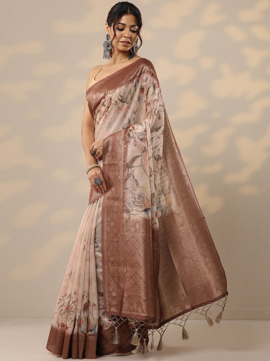 Brown Printed Cotton Blend Sarees With Unstitched Blouse Piece