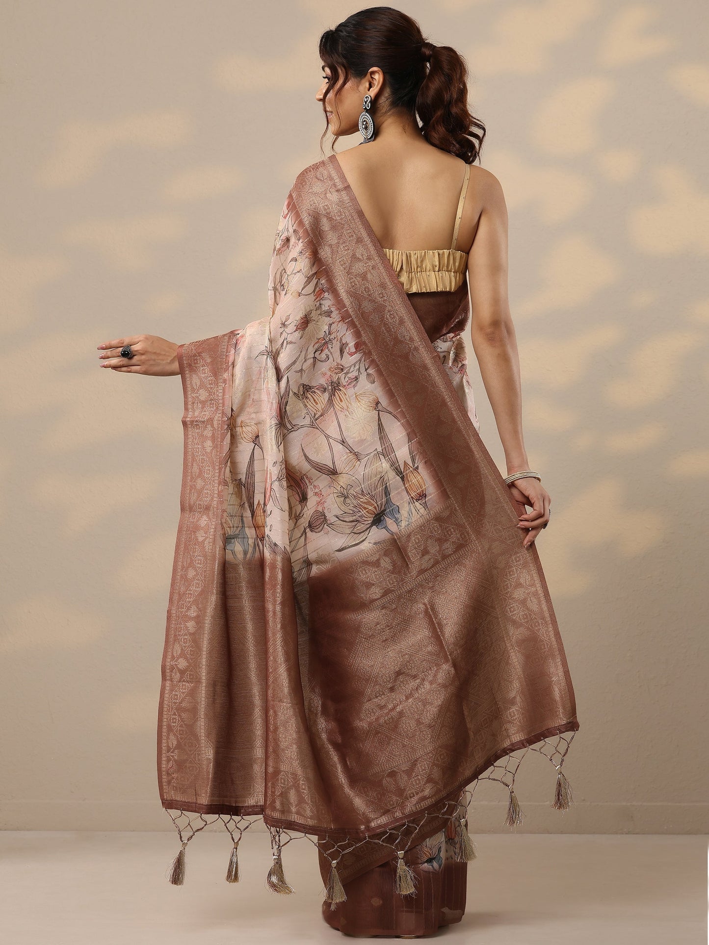 Brown Printed Cotton Blend Sarees With Unstitched Blouse Piece